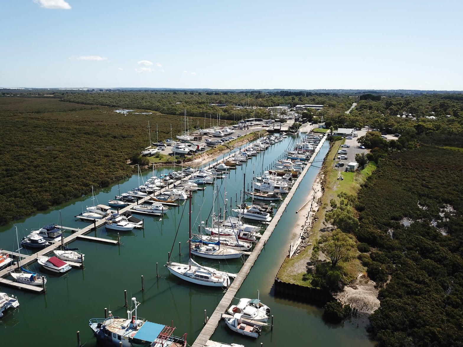 Yaringa Boat Harbour, Somerville, looking down the marina channel